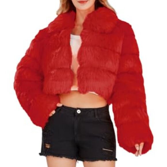 Women's Fluffy Faux Fur Cropped Puffer Jacket Zip Up Winter Warm - Picture 3 of 7